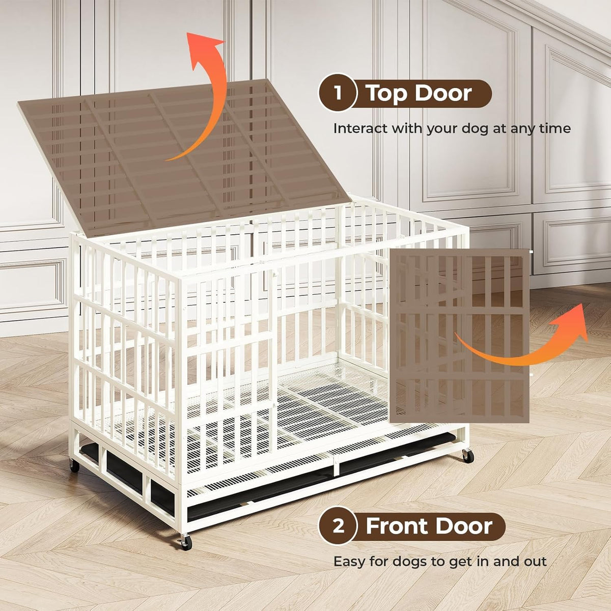 48 Inch Heavy Duty Dog Crate Steel Escape Proof, Indoor Double Door High Anxiety Cage Removable
