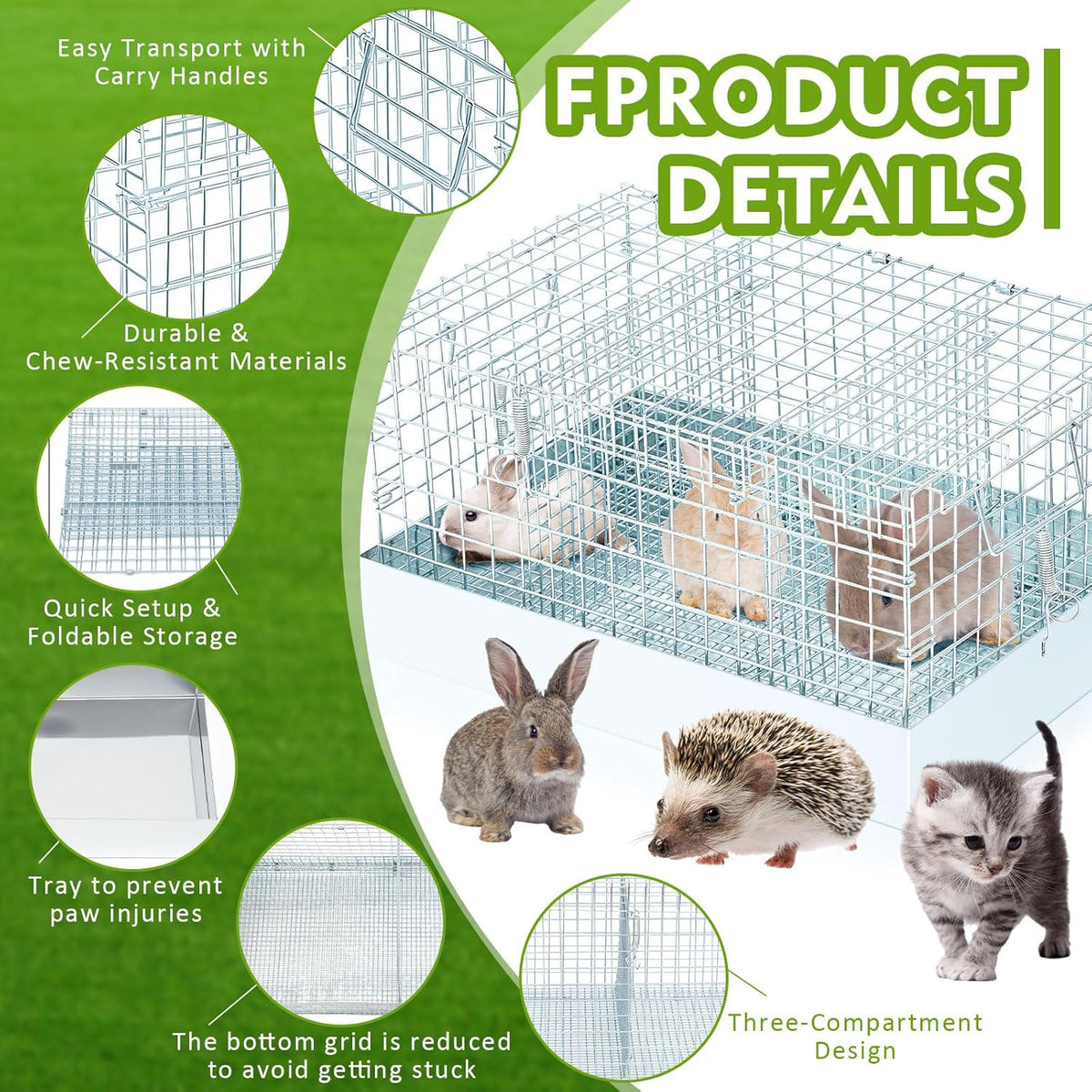 Folding Rabbit Cage, 18 x 12 x 10 in Portable Bunny Carrier with Tray and Handles for Transport