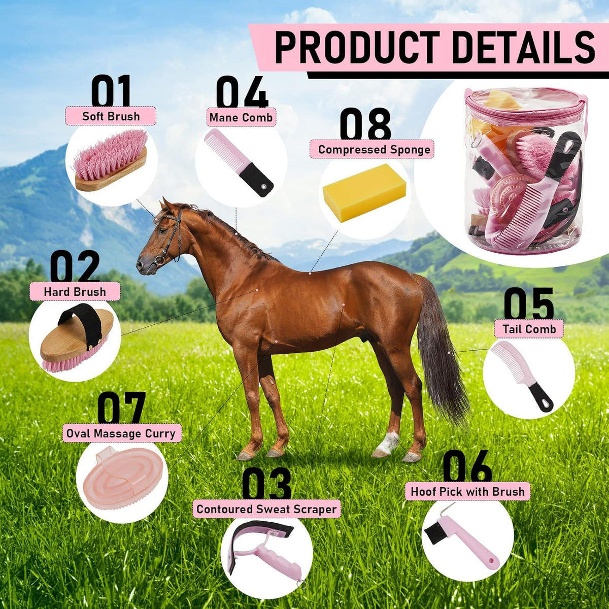 9 Pieces Horse Grooming Kit Tack Room Supplies Set with Organizer Tote Bag, Oval Massage Curry