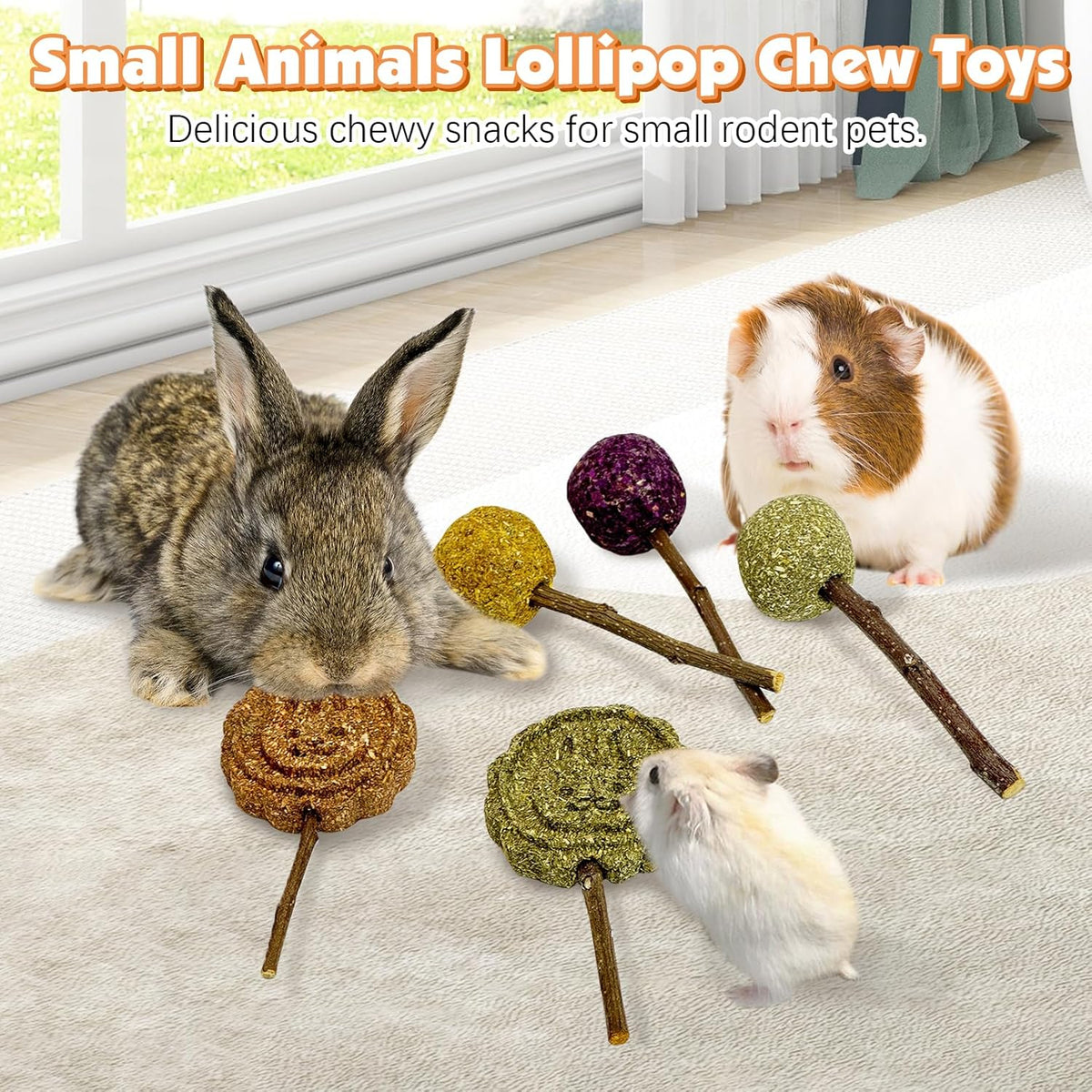 Fhiny Rabbit Chew Toys, 30 PCS Natural Bunny Lollipop Chew Sticks Handmade Guinea Pig Molar Treats