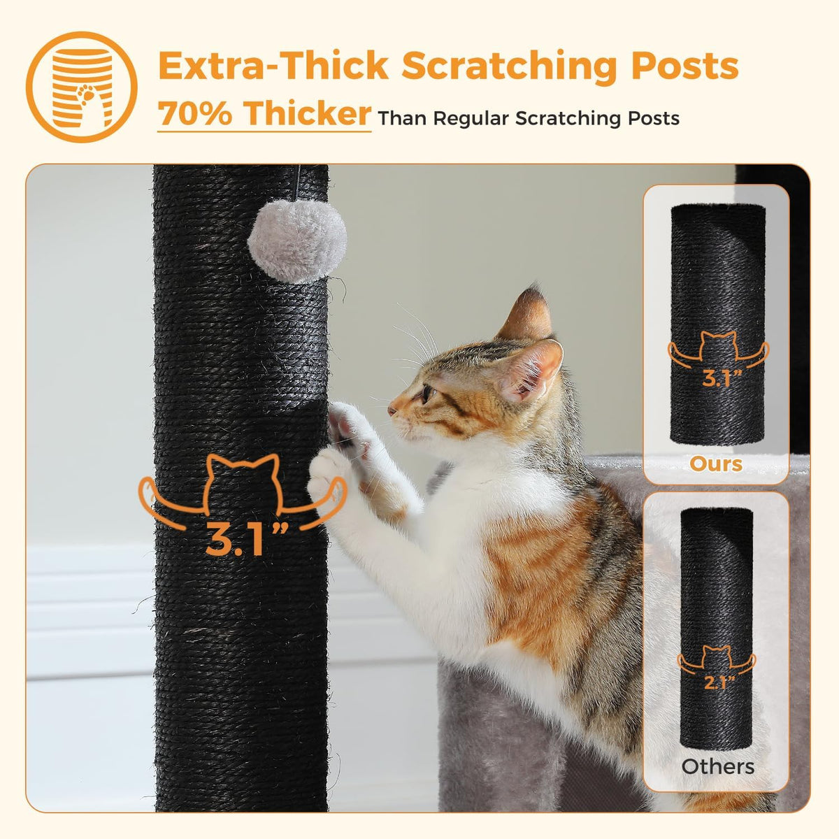 Large Cat Tree with Reinforced Scratching Posts (φ3.1in) for Big Adult Cats 30 lbs, 57.8" Heavy