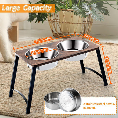 Elevated Dog Bowls for Medium and Large Dogs Wood Raised Bowl Stand with Two 1700ML (58oz)