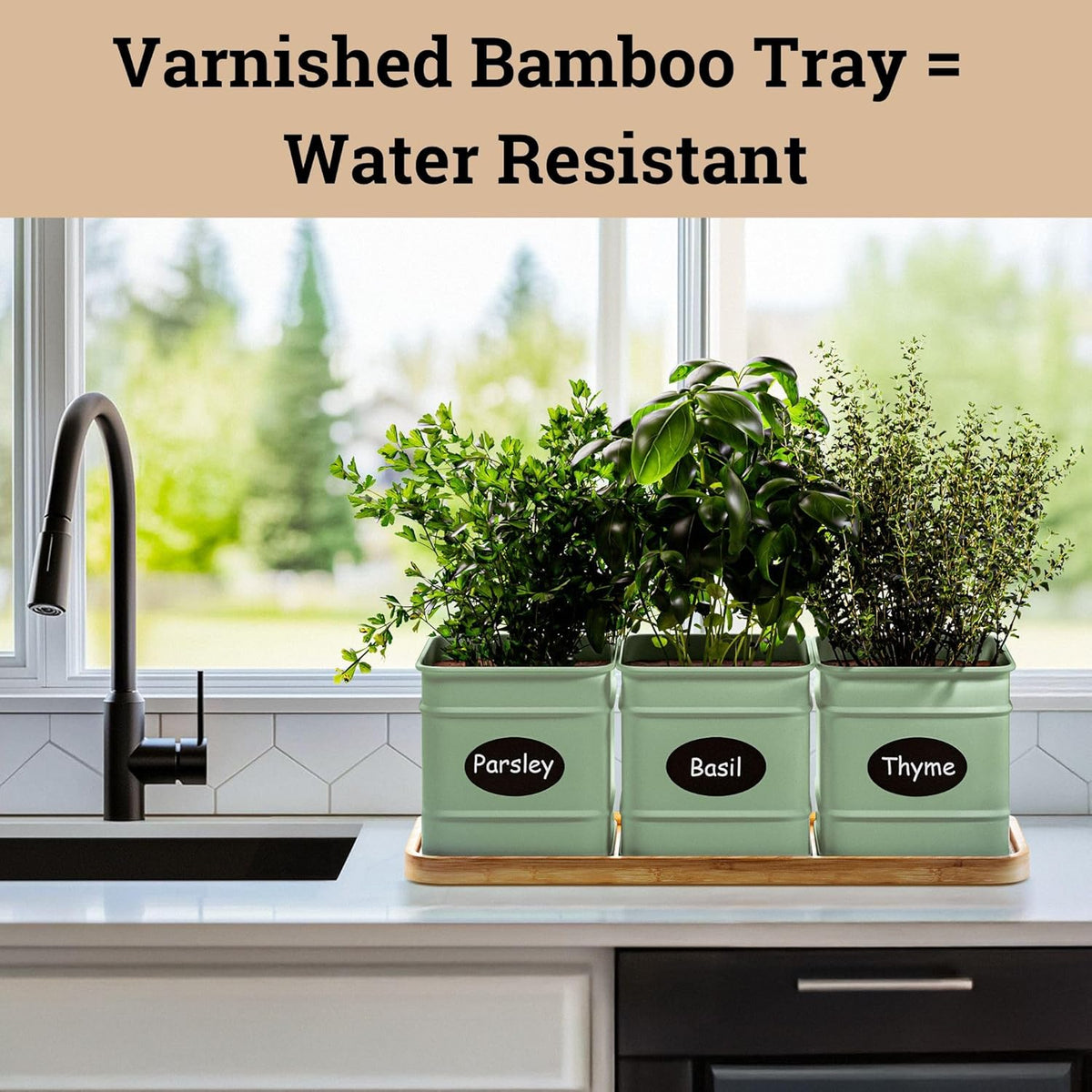 Herb Planter Indoor - 3 Iron Herb Pots with Drainage Holes, Varnished Bamboo Tray, Customizable