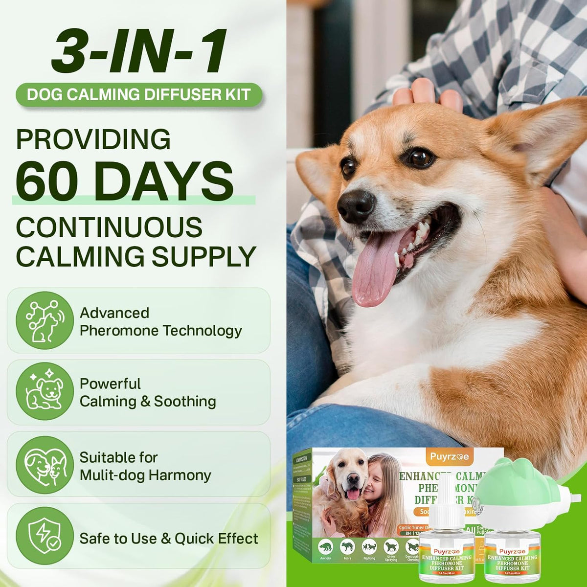 Dog Calming Diffuser with 3 Timing Functions, 3-in-1 Dog Anxiety Relief Diffuser Kit, 120-Day