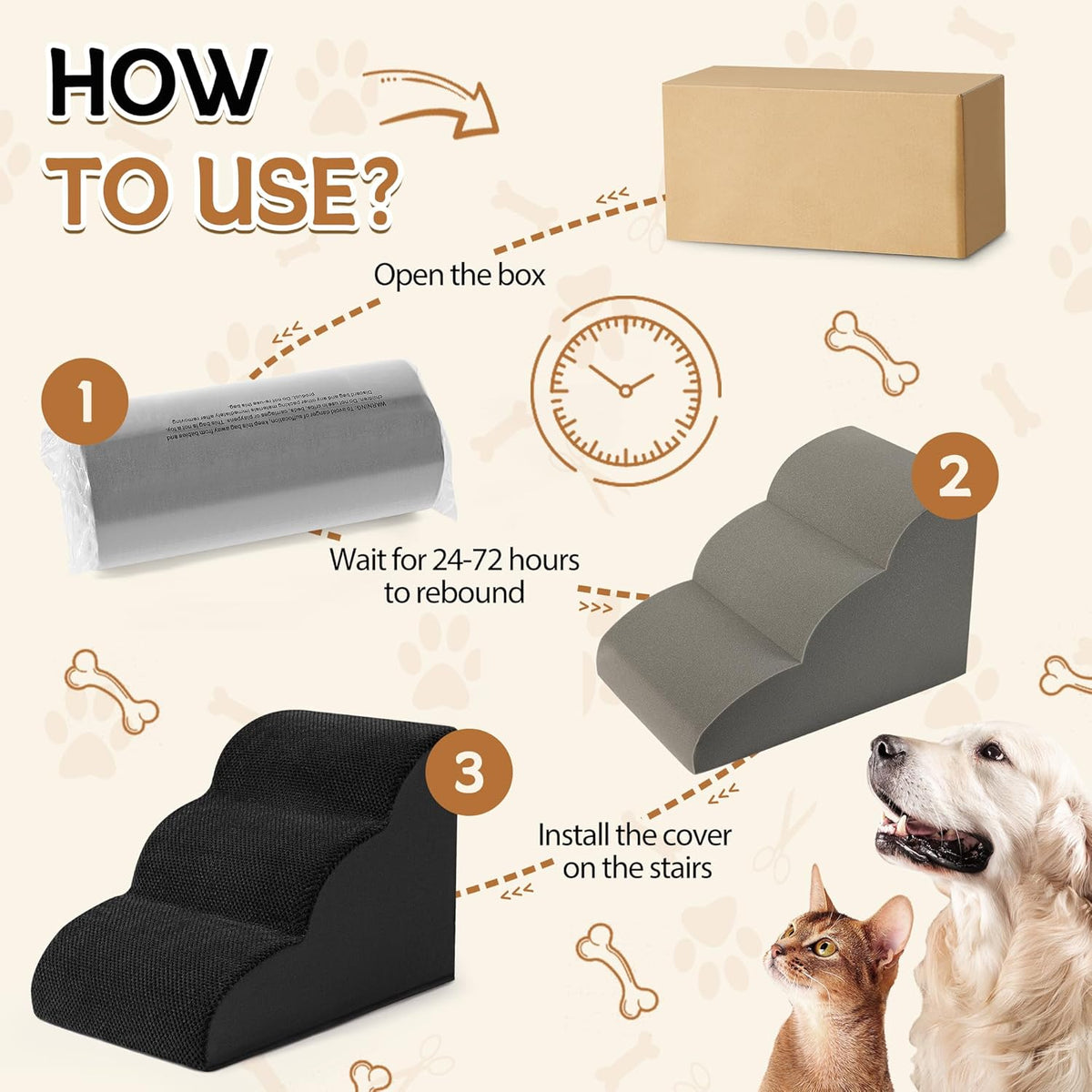 Romrol Dog Stairs Ramp for High Beds Couches, High Density Foam Pet Steps with Durable Non-Slip