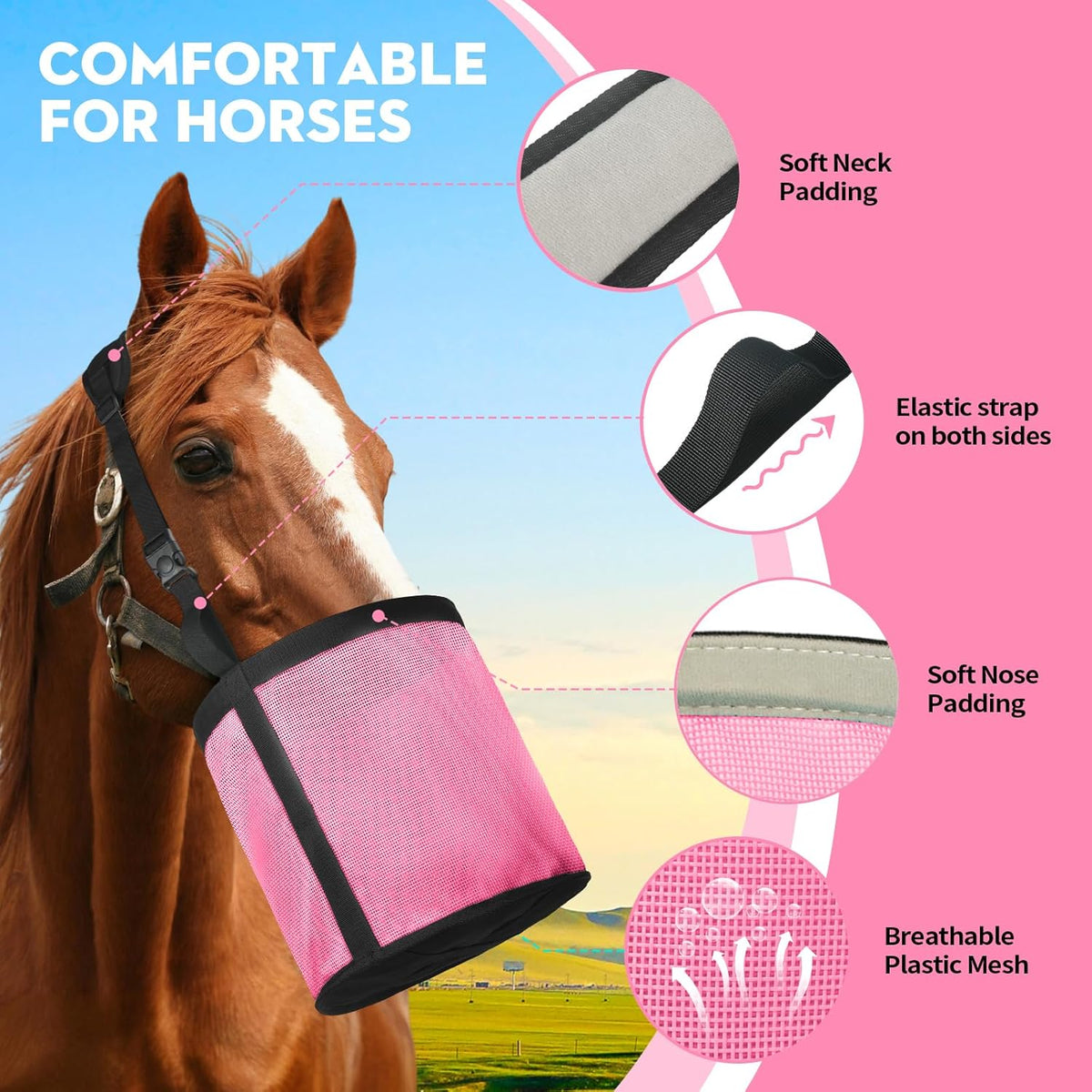 Horse Feed Bag 2 Pcs, Mesh Feed Bags for Horses, Muzzle Feedbag for Feeding Grain, Anti-Spill