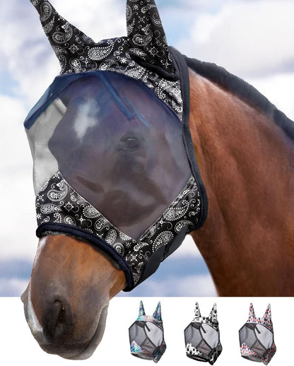 Harrison Howard LumiVista Horse Fly Mask Standard with Ears UV Protection for Horse Paisley Wave M