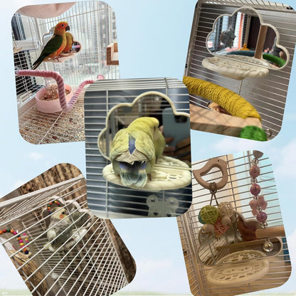 Bird Mirror with Perch & Slow Feeder – Interactive Bird Toy, Birds Cage Accessories for Parakeet