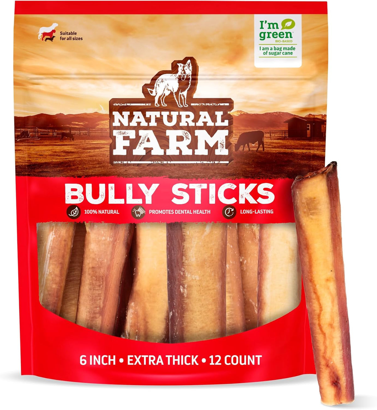 Natural Farm Odor Free Jumbo Bully Sticks (6 Inch, 12 Pack), Extra-Thick Dog Treats – Fully