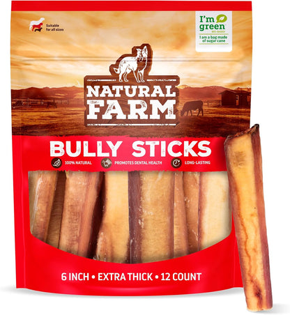 Natural Farm Odor Free Jumbo Bully Sticks (6 Inch, 12 Pack), Extra-Thick Dog Treats – Fully