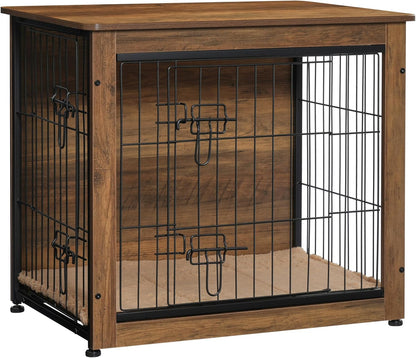 DWANTON Dog Crate Furniture with Cushion, Wooden Kennel Table with Double Doors, Indoor Dog House