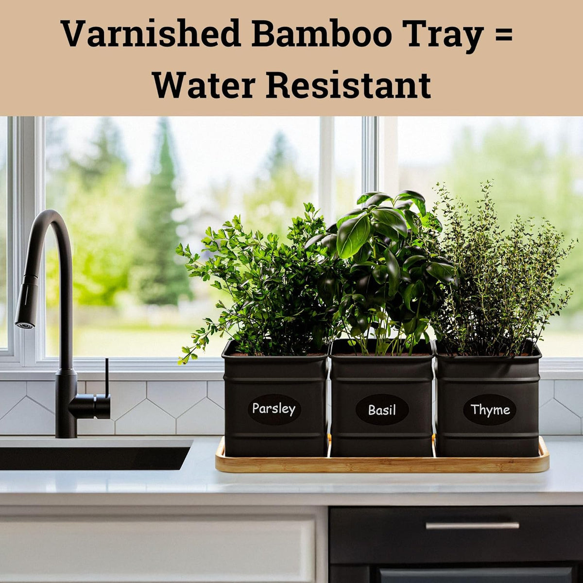 Herb Planter Indoor - 3 Iron Herb Pots with Drainage Holes, Varnished Bamboo Tray, Customizable
