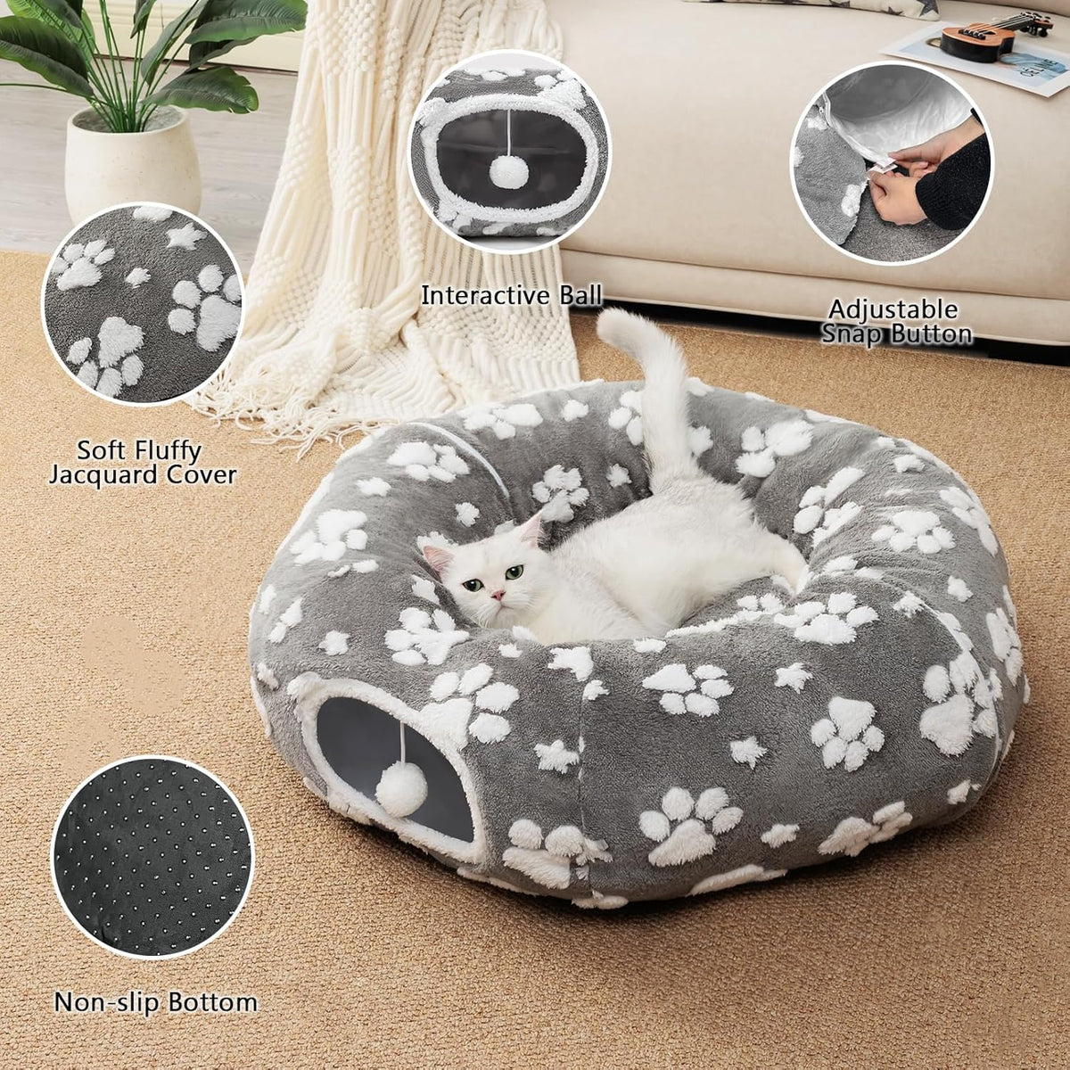 Cat Tunnel for Indoor Cats, Cute Peekaboo Cave with Dangling Balls, Pet Donut Tunnel Bed with