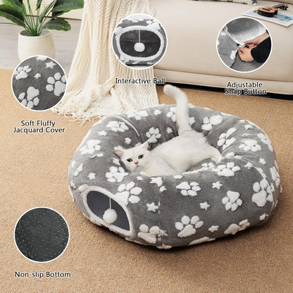 Cat Tunnel for Indoor Cats, Cute Peekaboo Cave with Dangling Balls, Pet Donut Tunnel Bed with