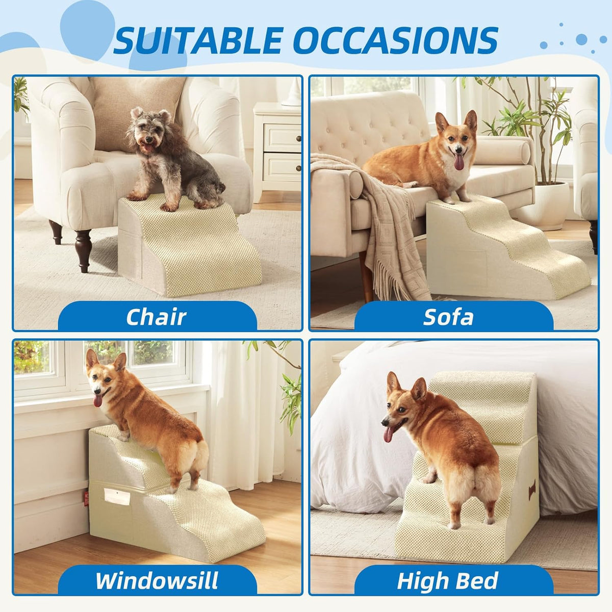 Dog Stairs 3-Step for Small Dogs and Cats to Get on Bed and Furniture/Windows, Pets Can Climb, Sit