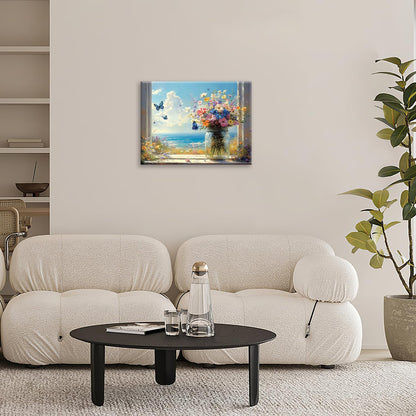 Beach Floral Bathroom Pictures Wall Art, Colorful Flower Bathroom Wall Decor, Coastal Ocean Framed