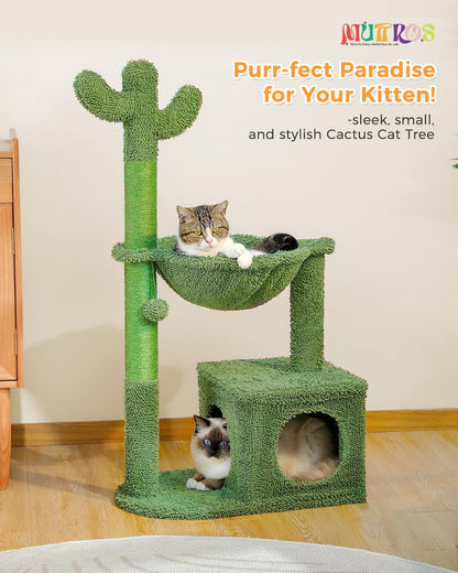 Cactus Cat Tree 40" Cat Tower with Large Metal Carpet Hammock, Cat Scratching Post for Indoor Cats