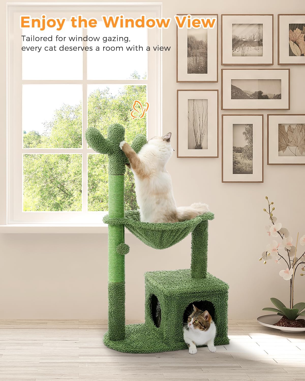 Cactus Cat Tree 40" Cat Tower with Large Metal Carpet Hammock, Cat Scratching Post for Indoor Cats