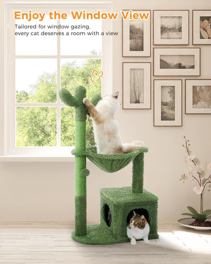 Cactus Cat Tree 40" Cat Tower with Large Metal Carpet Hammock, Cat Scratching Post for Indoor Cats