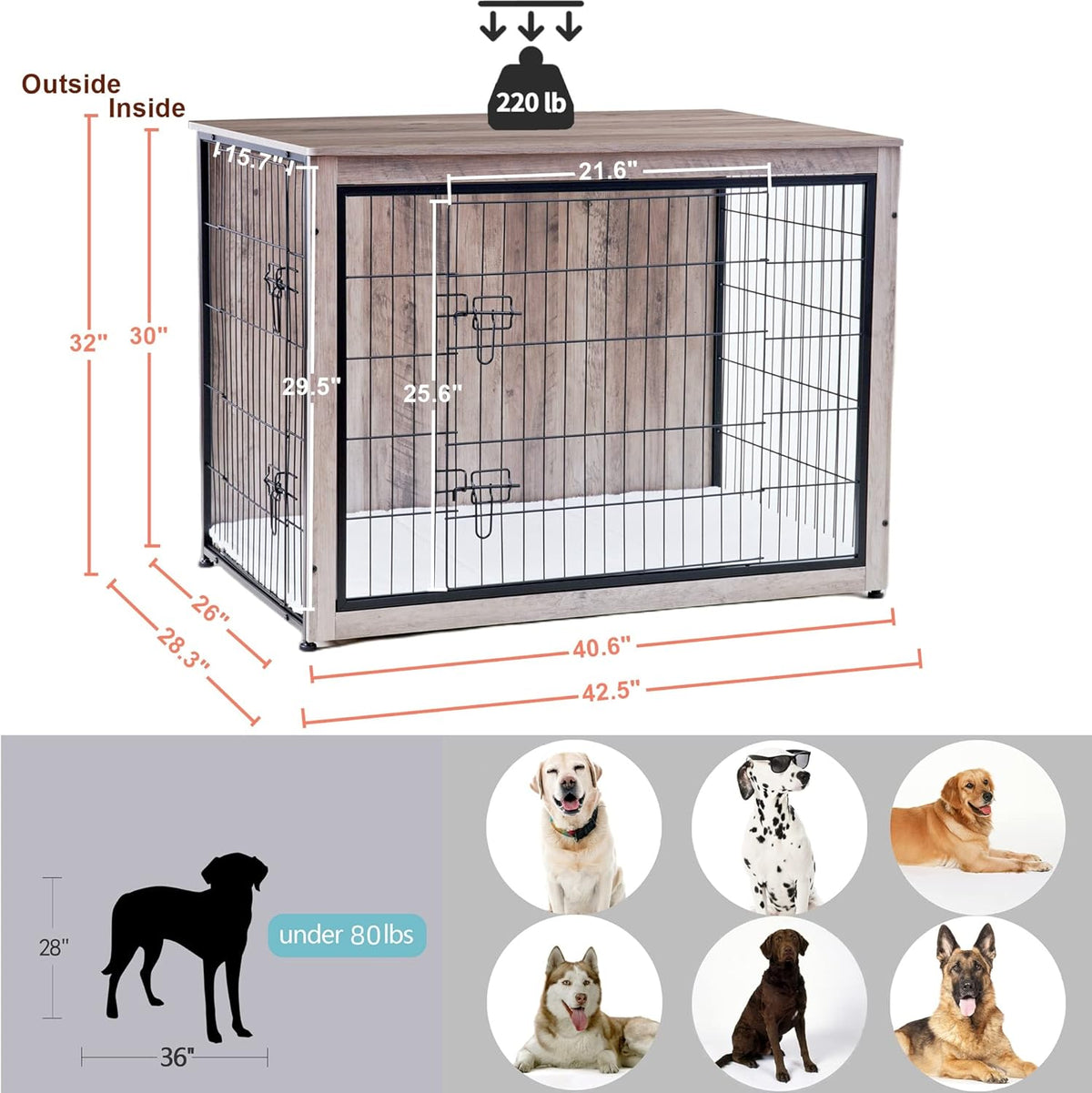 DWANTON Dog Crate Furniture with Cushion, Wooden Kennel Table with Double Doors, Indoor Dog House