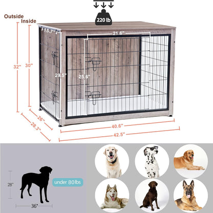 DWANTON Dog Crate Furniture with Cushion, Wooden Kennel Table with Double Doors, Indoor Dog House