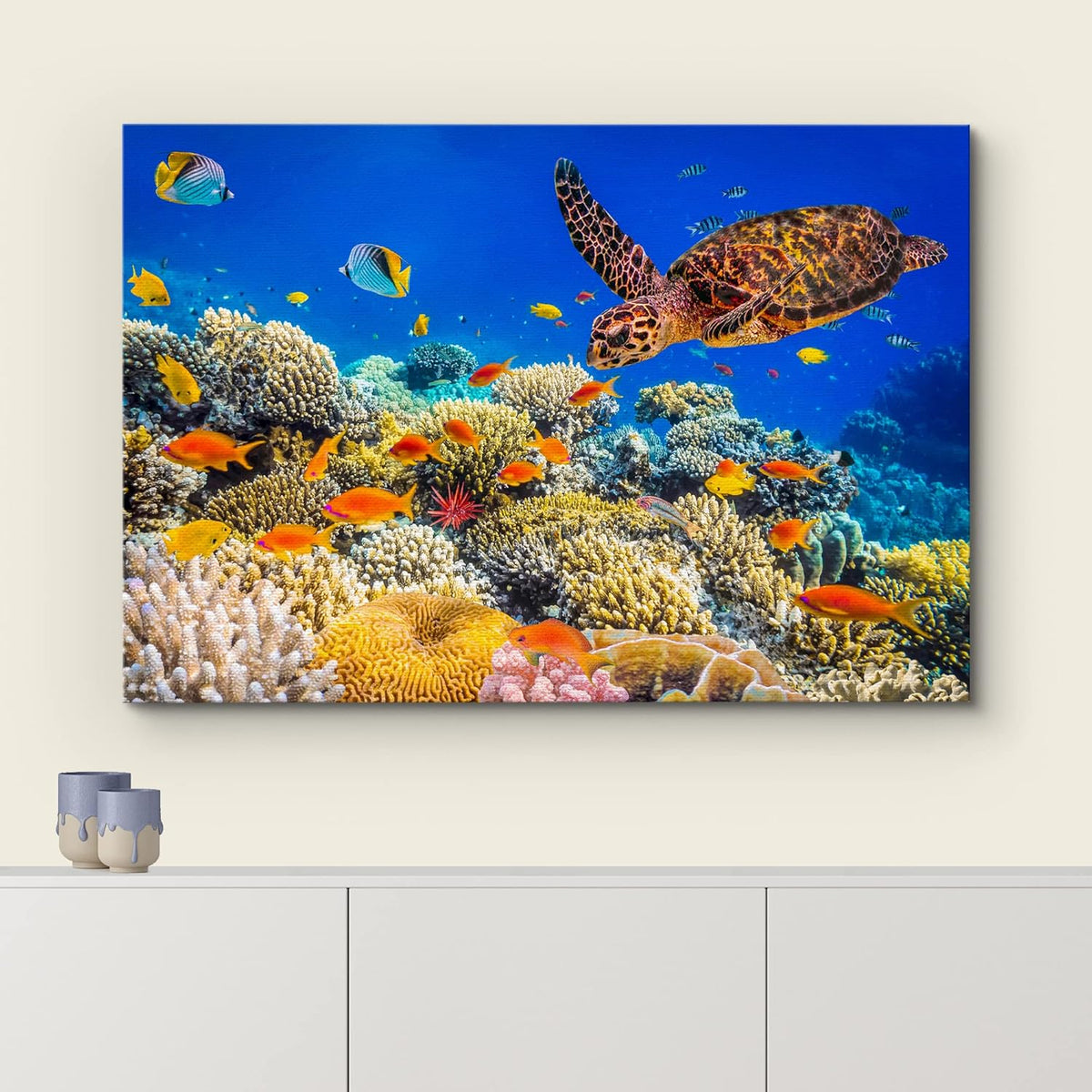 wall26 Canvas Print Wall Art Neon Coral Reef Blue Hippo Tang Fish Turtle Nature Animals Photography