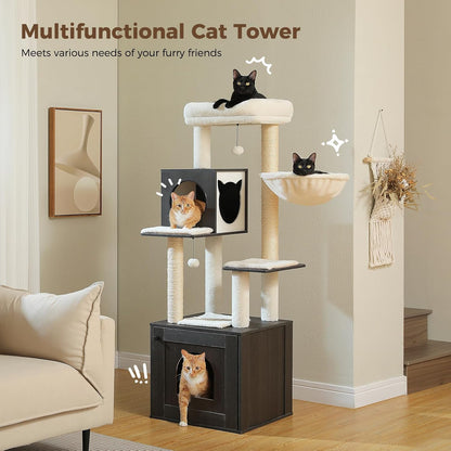 Tall Cat Tree with Litter Box Enclosure 57.5" Wooden Cat Tower for Large Cats with Cat Hammock