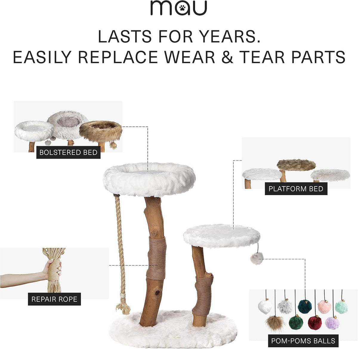 Mau Lifestyle Modern Cat Tree Tower - Natural-Branch Cat Condo & Luxury Wood Cat Scratching Tree