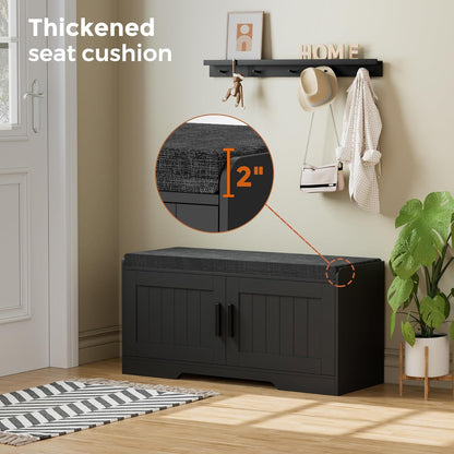 2-Tier Storage Bench, Shoe Bench with Thickened Padded Seat Cushion, Entryway Bench with 2 Doors