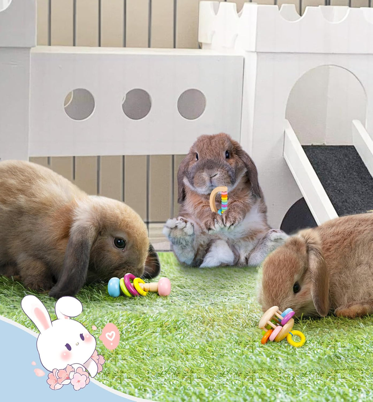 MEWTOGO 3 Pcs Wooden Bunny Toys - Safe Rabbit Toys, Bite-Resistant Guinea Pigs Toys for Chinchillas