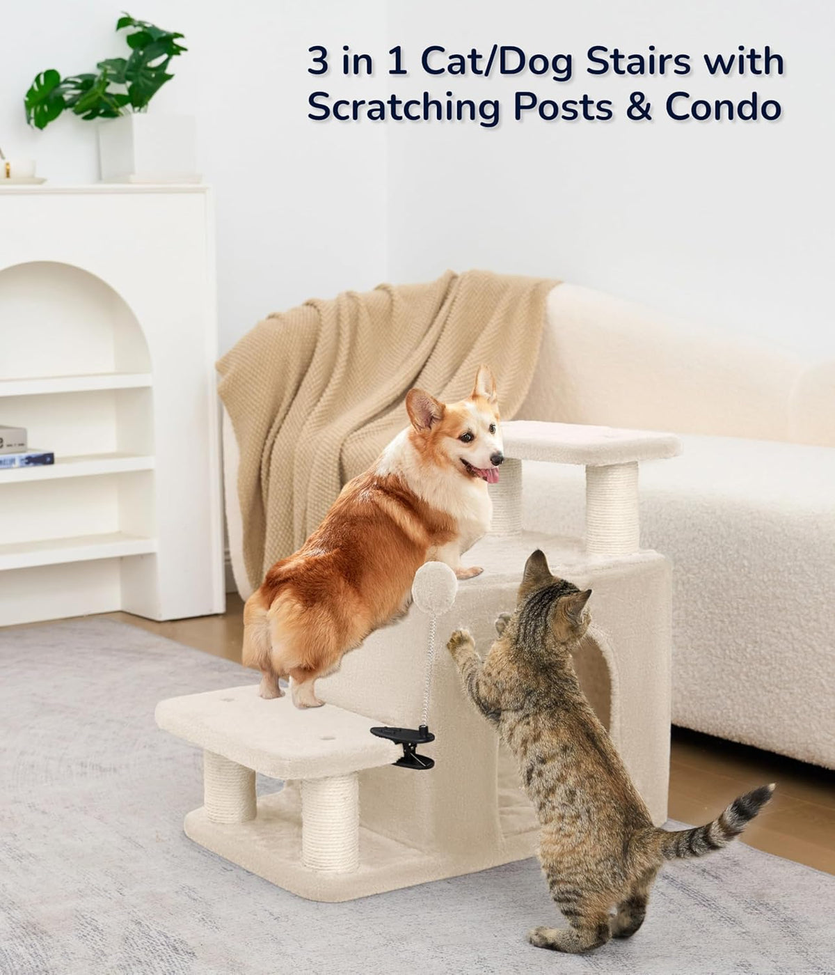 Happi N Pets Dog Stairs with Cat Scratching Post & Large Condo, Stable Pet Steps for High Beds