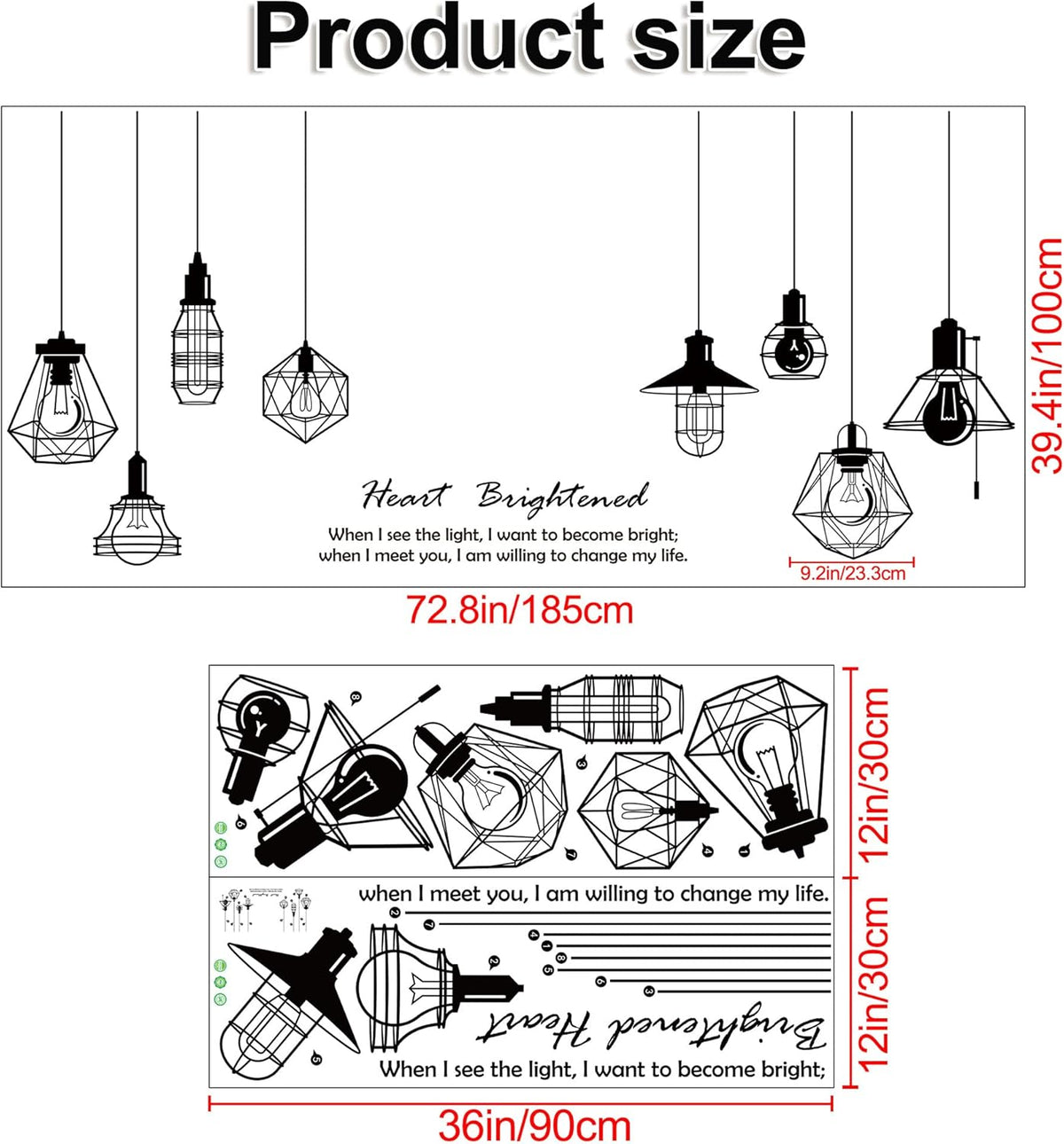 Removable 8pcs Hanging Black Vinyl Chandeliers Wall Sticker Quotes Heart Brightened Wall Decal DIY