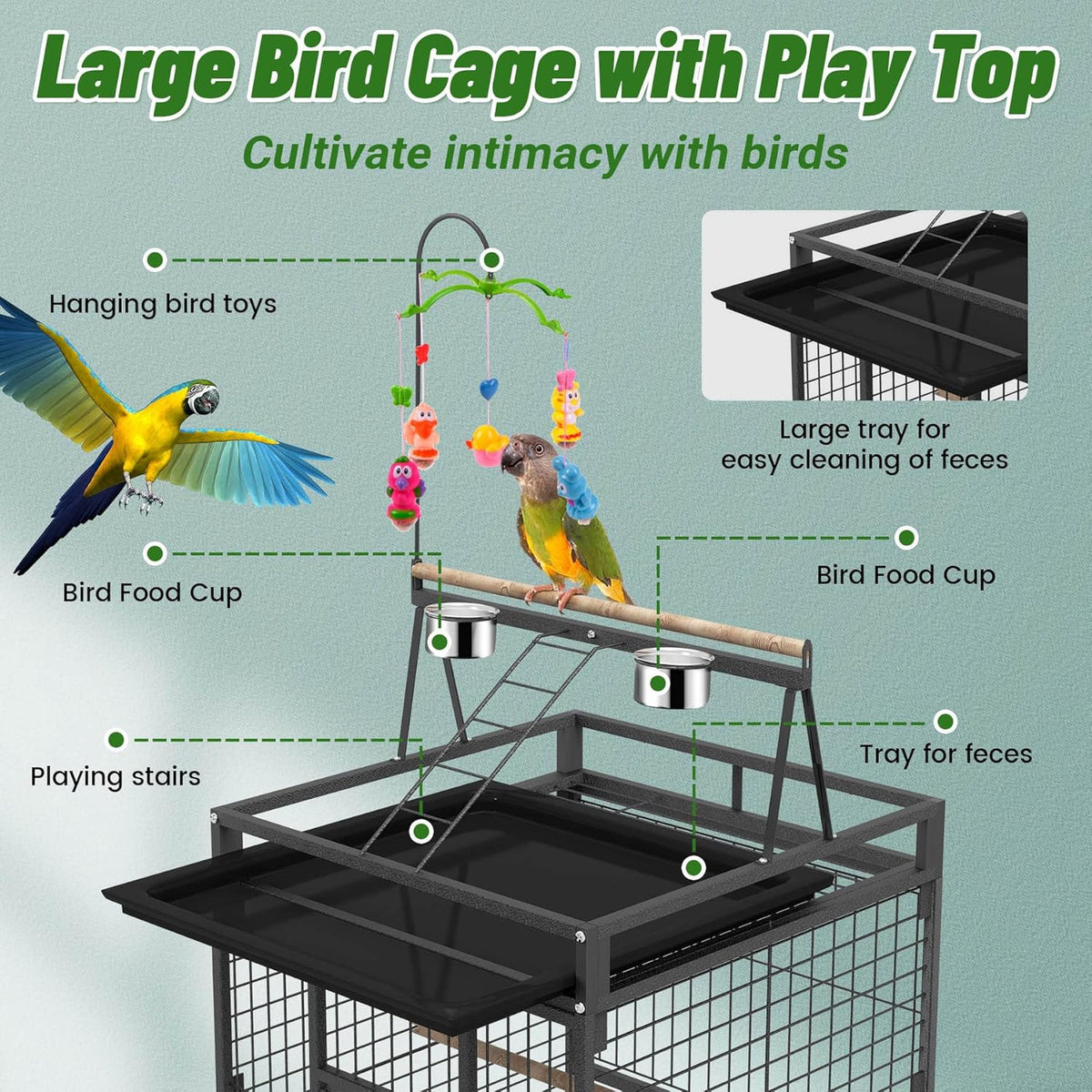 82 Inch Bird Cage, BOINN Bird Flight Cages with Rolling Stand & Bottom Tray, Wrought Iron Parrot