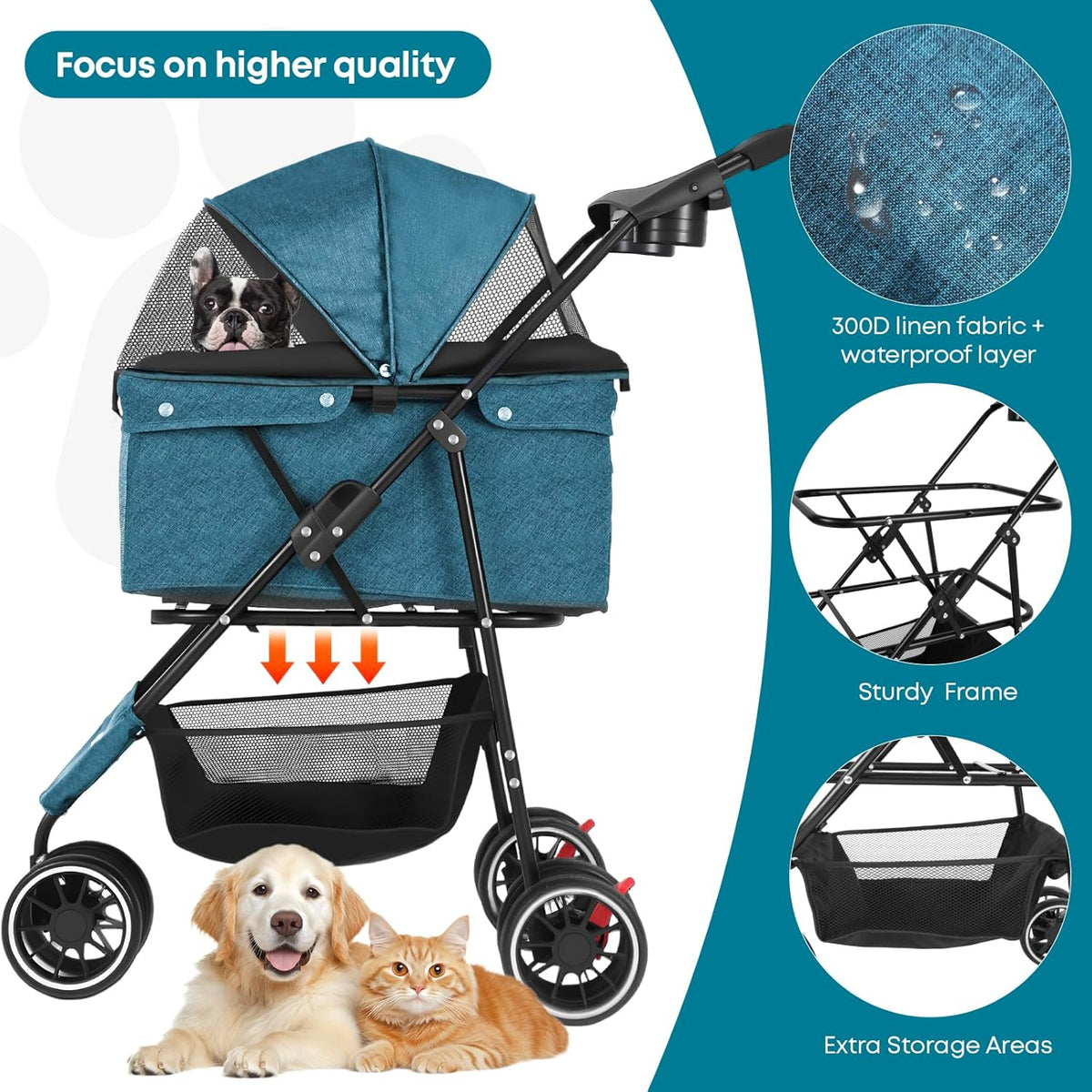 Pet Stroller,Dog Stroller for Small Medium Dogs Cats,3 Wheels,Foldable,with Breathable Mesh