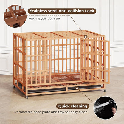 48IN Heavy Duty Dog Crate Steel Escape Proof, Indoor Double Door High Anxiety Cage Removable Tray