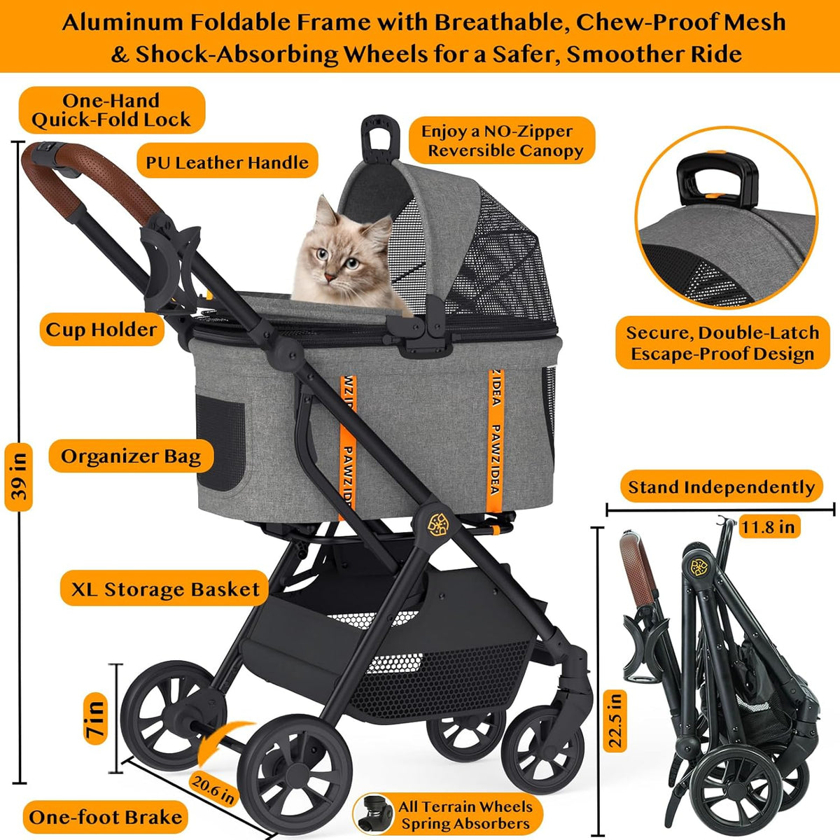PAWZIDEA Pet Stroller 4 in 1, Dog Strollers for Small/Medium Dogs with Detachable Carrier Easy Lock