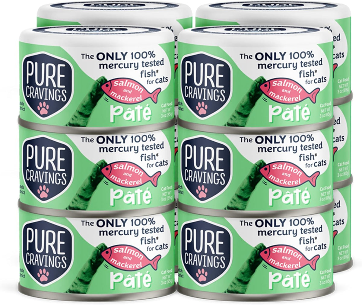 Salmon and Mackerel Pate, Canned Wet Cat Food, 100% Mercury-Tested, Moist Can Fish, Grain-Free