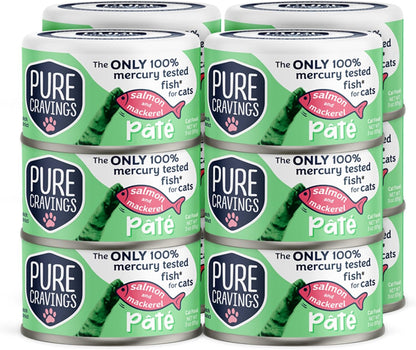 Salmon and Mackerel Pate, Canned Wet Cat Food, 100% Mercury-Tested, Moist Can Fish, Grain-Free
