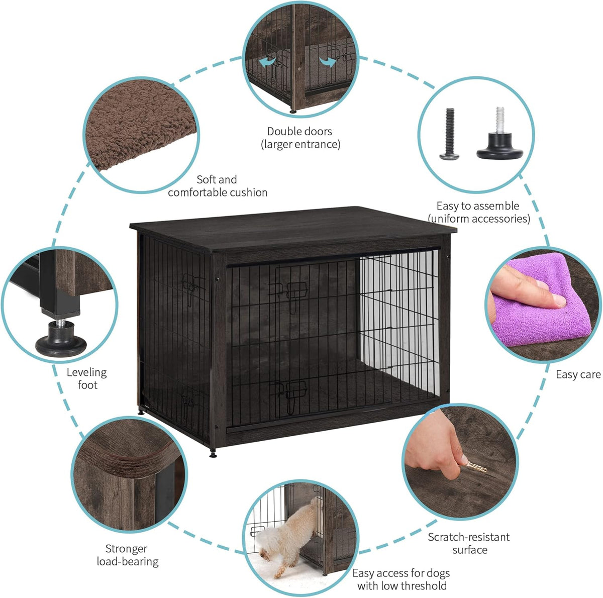 DWANTON Dog Crate Furniture with Cushion, Wooden Kennel Table with Double Doors, Indoor Dog House