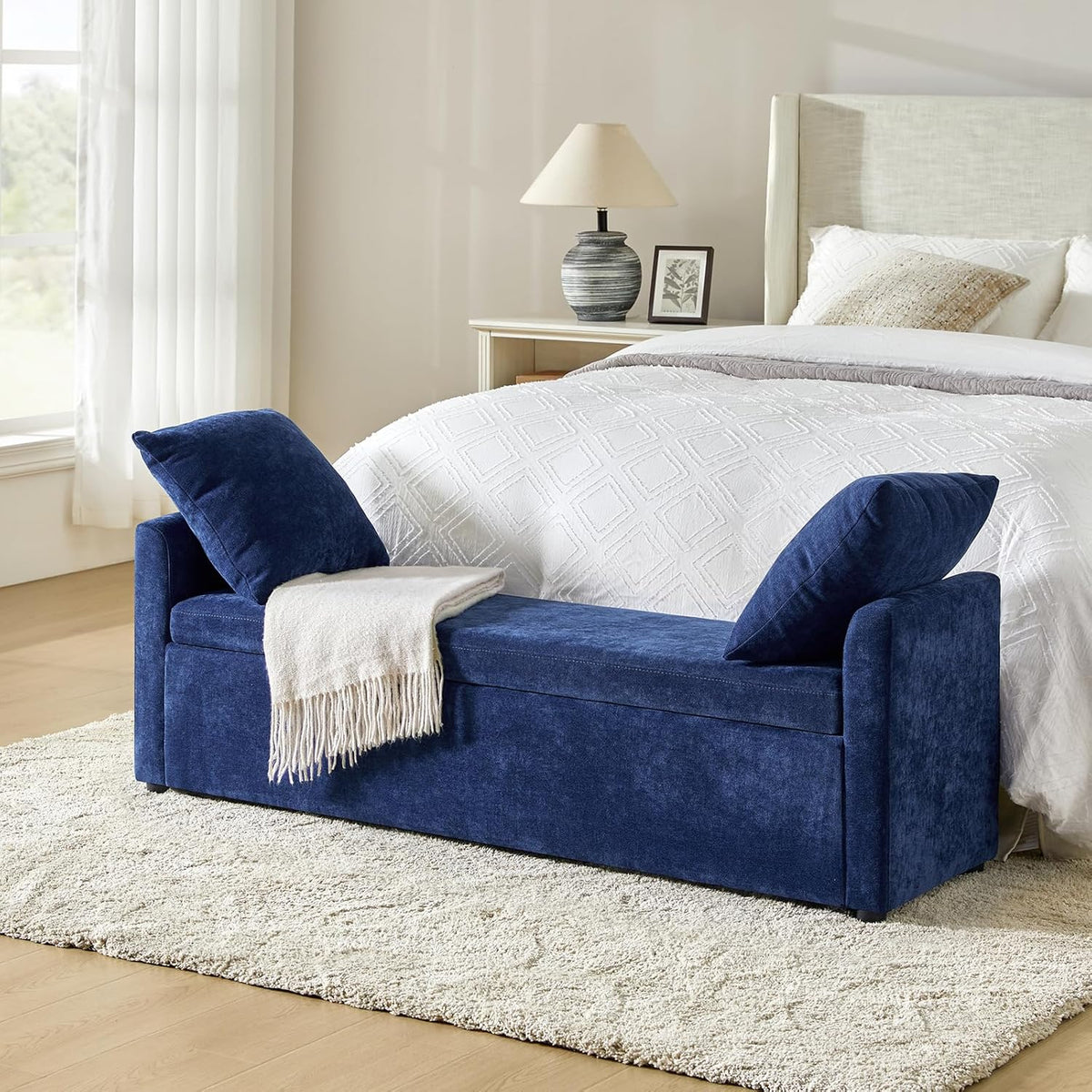 HULALA HOME Modern Storage Ottoman Bench with Throw Pillows, 59.4" Extra Long Bedroom Bench for End