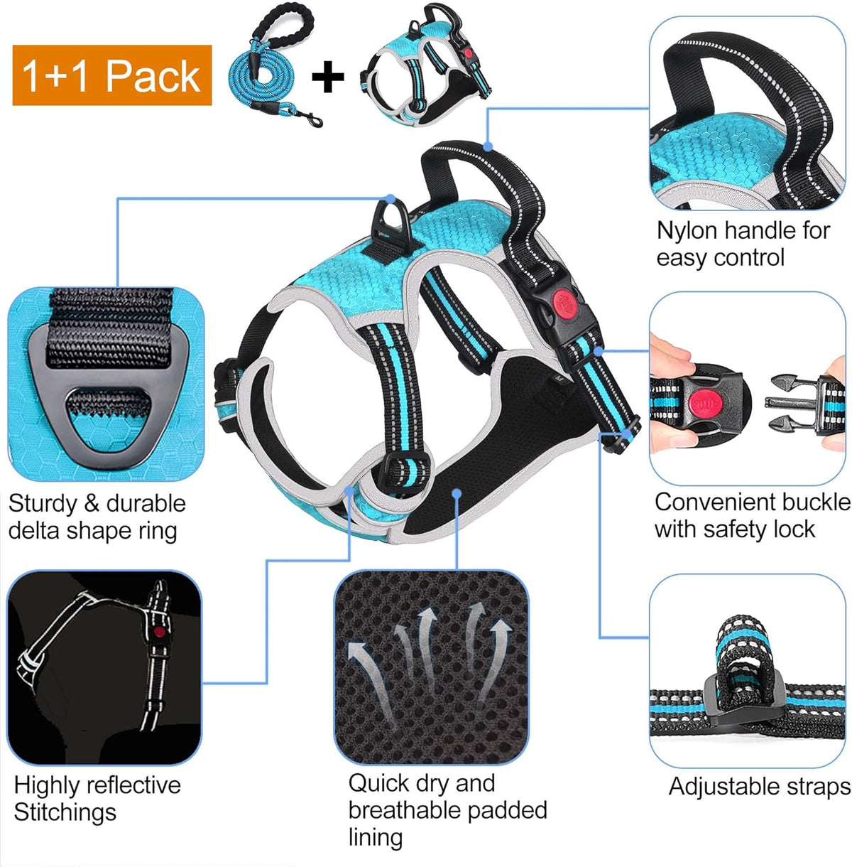No Pull Dog Harness Adjustable Reflective Oxford Easy Control Medium Large Dog Harness with A Free