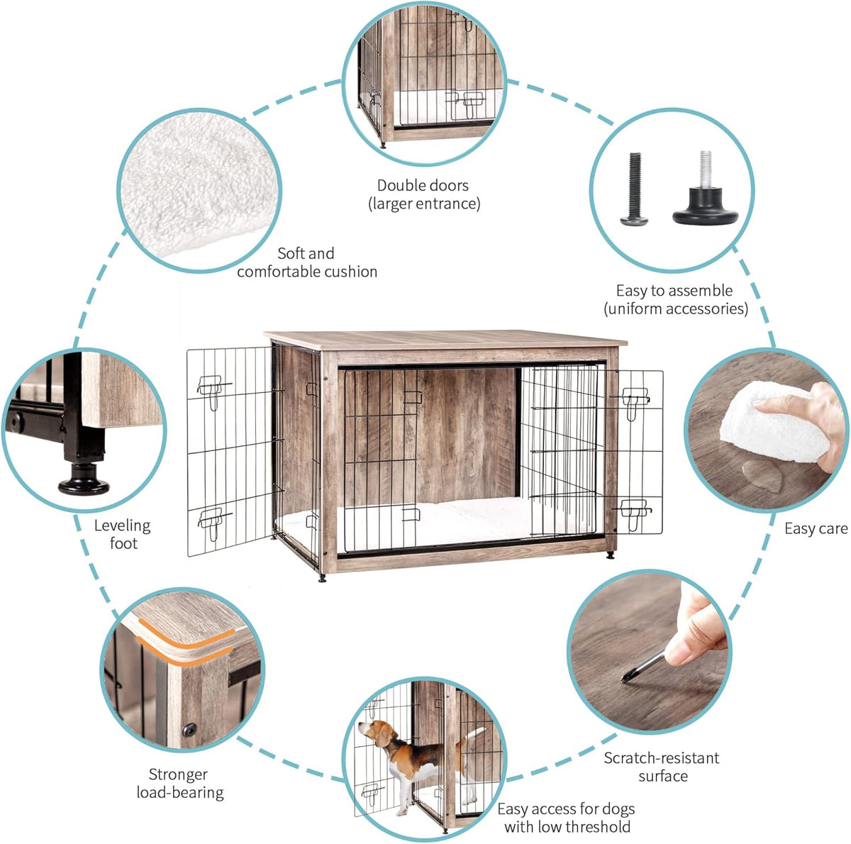 DWANTON Dog Crate Furniture with Cushion, Wooden Kennel Table with Double Doors, Indoor Dog House