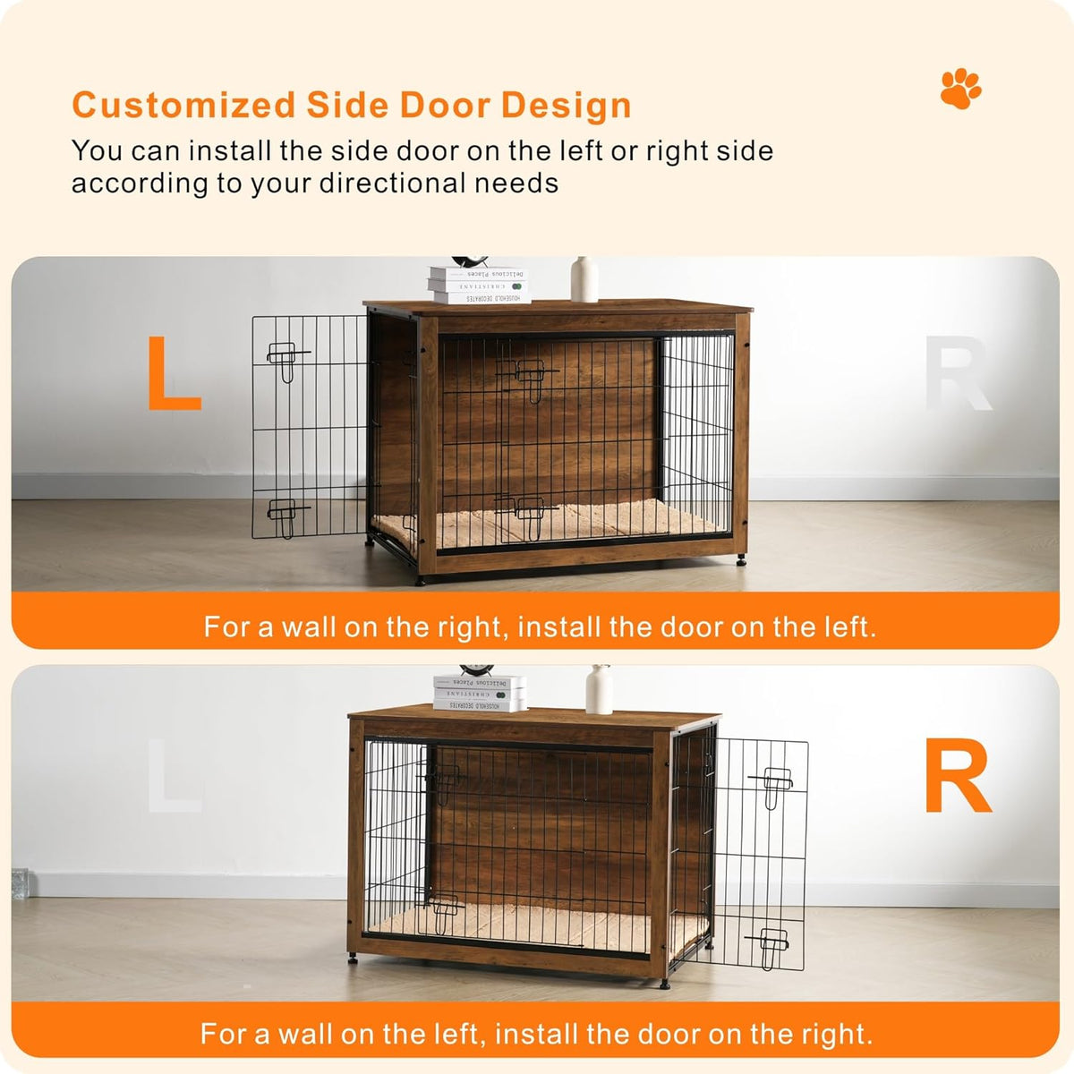 DWANTON Dog Crate Furniture with Cushion, Wooden Kennel Table with Double Doors, Indoor Dog House