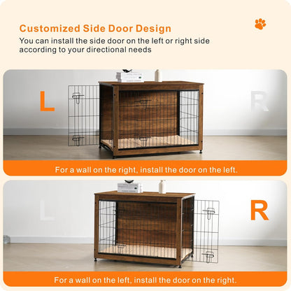DWANTON Dog Crate Furniture with Cushion, Wooden Kennel Table with Double Doors, Indoor Dog House