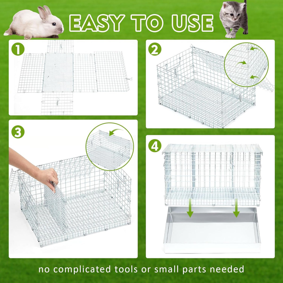 Folding Rabbit Cage, 18 x 12 x 10 in Portable Bunny Carrier with Tray and Handles for Transport