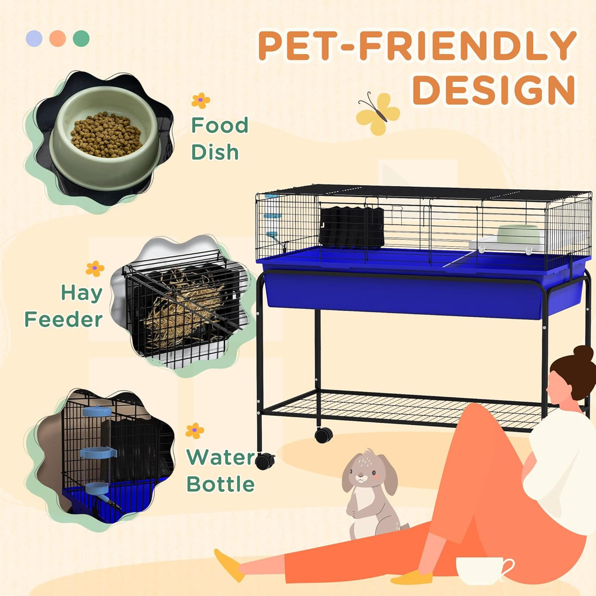 PawHut Two-Story Small Animal Cage Removable from Stand, Guinea Pig Cage with Shelf & Wheels, Pet