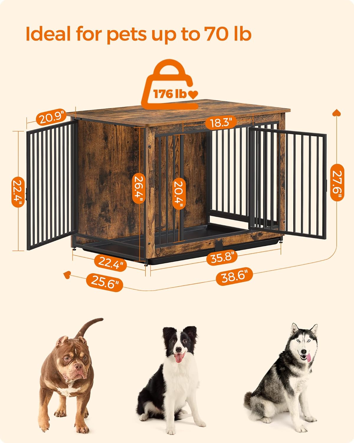 Feandrea Dog Crate Furniture, 38 Inches Dog Kennel for Dogs up to 70 lb, with Removable Tray