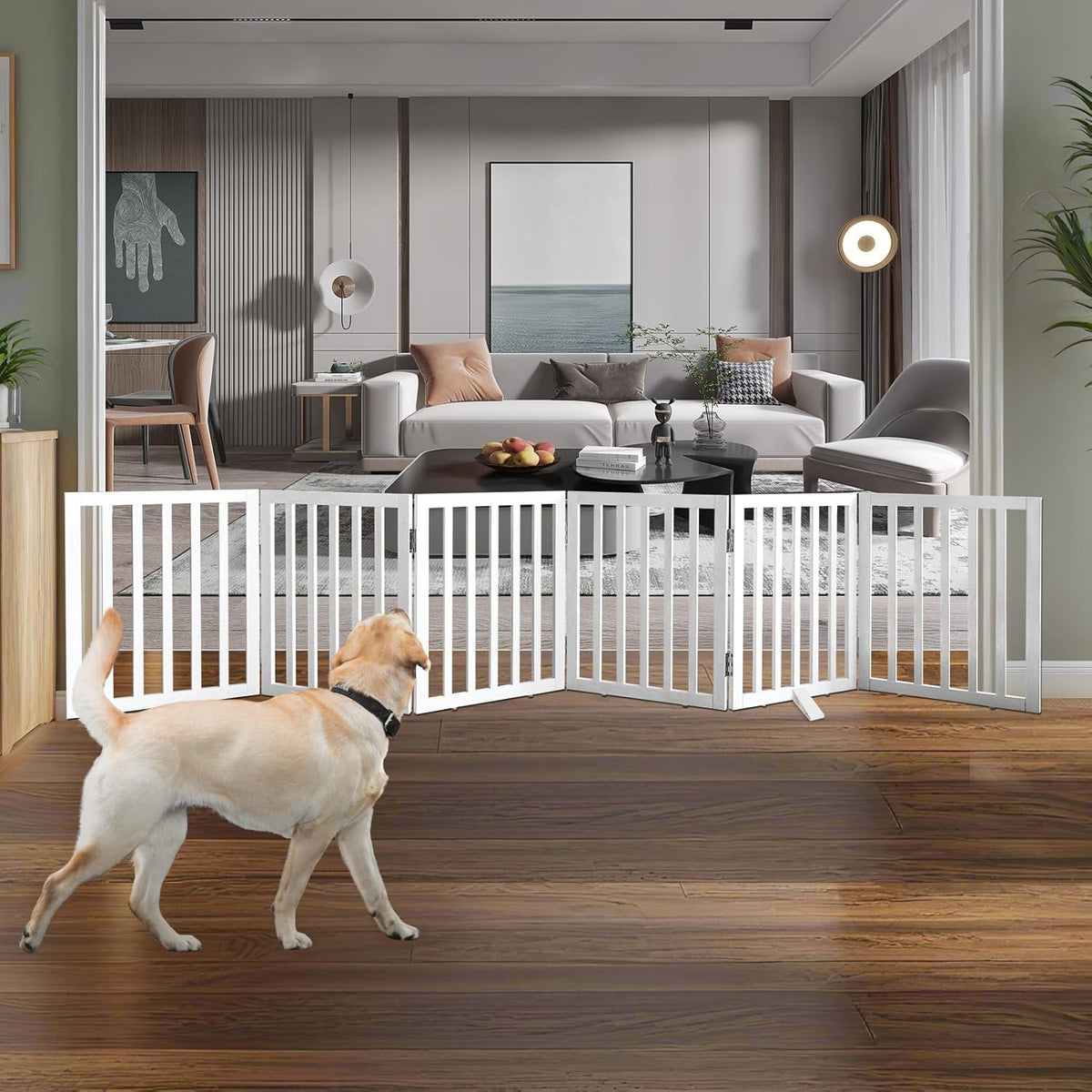ZJSF Freestanding Indoor Dog Gate for House Foldable Wood White Puppy Gate for Doorways Pet Gate