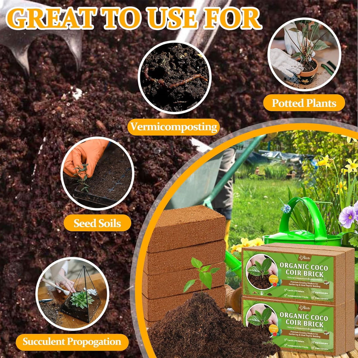 Riare 2pcs Organic Coco Coir Bricks Soil Blocks- 100% Natural Compressed Coco Peat Brick Coconut