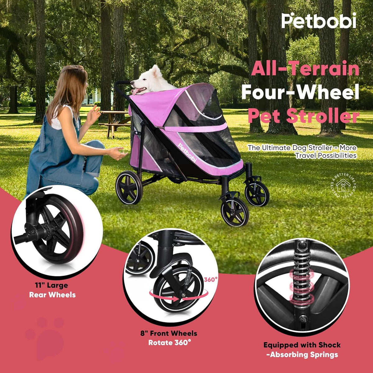 Petbobi Dog Stroller for Medium Dogs - Easy Fold Dual Entry Pet Stroller with One-Foot Brake, All